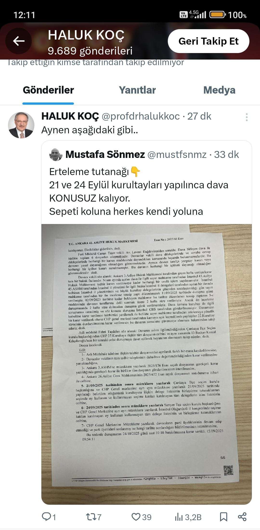 Haluk Koç'tan mahkeme yorumu; "Sepeti koluna herkes yoluna"